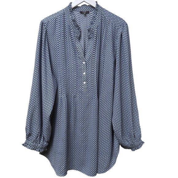 NYDJ Womens Blouse Plus Size 2X Blue Print Tunic Top Ruffle Long Sleeve NWOT - Picture 1 of 8